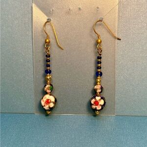 Earrings Pierced Handcrafted Women Unique Design Cloisonne’ Blue Beads and Gold
